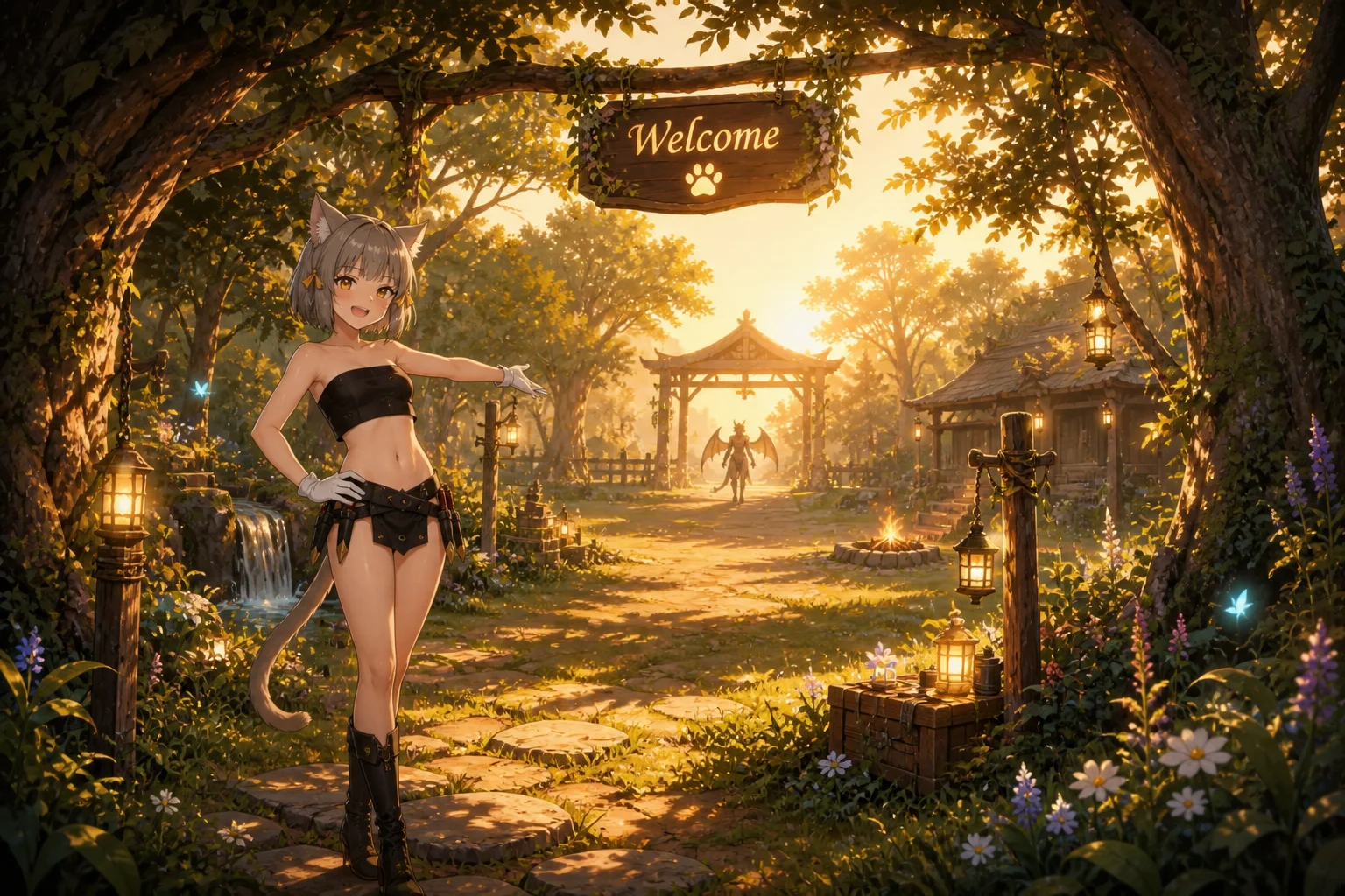 Sable welcomes players into the Chimera Haven sanctuary at sunset.
