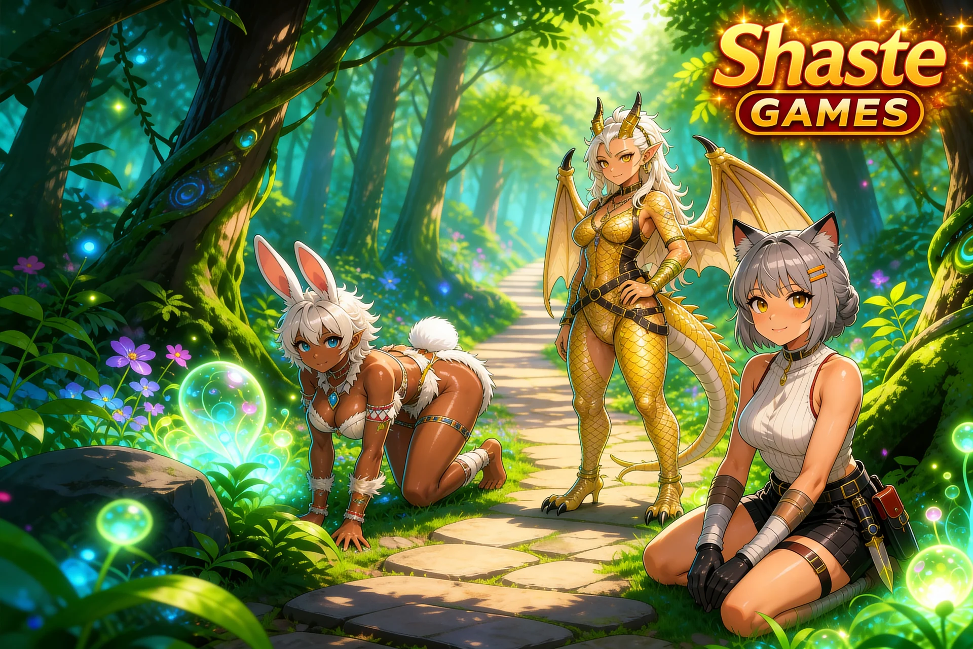 Chimera Haven v0.1.1 promotional artwork with three species representatives in a bright forest.