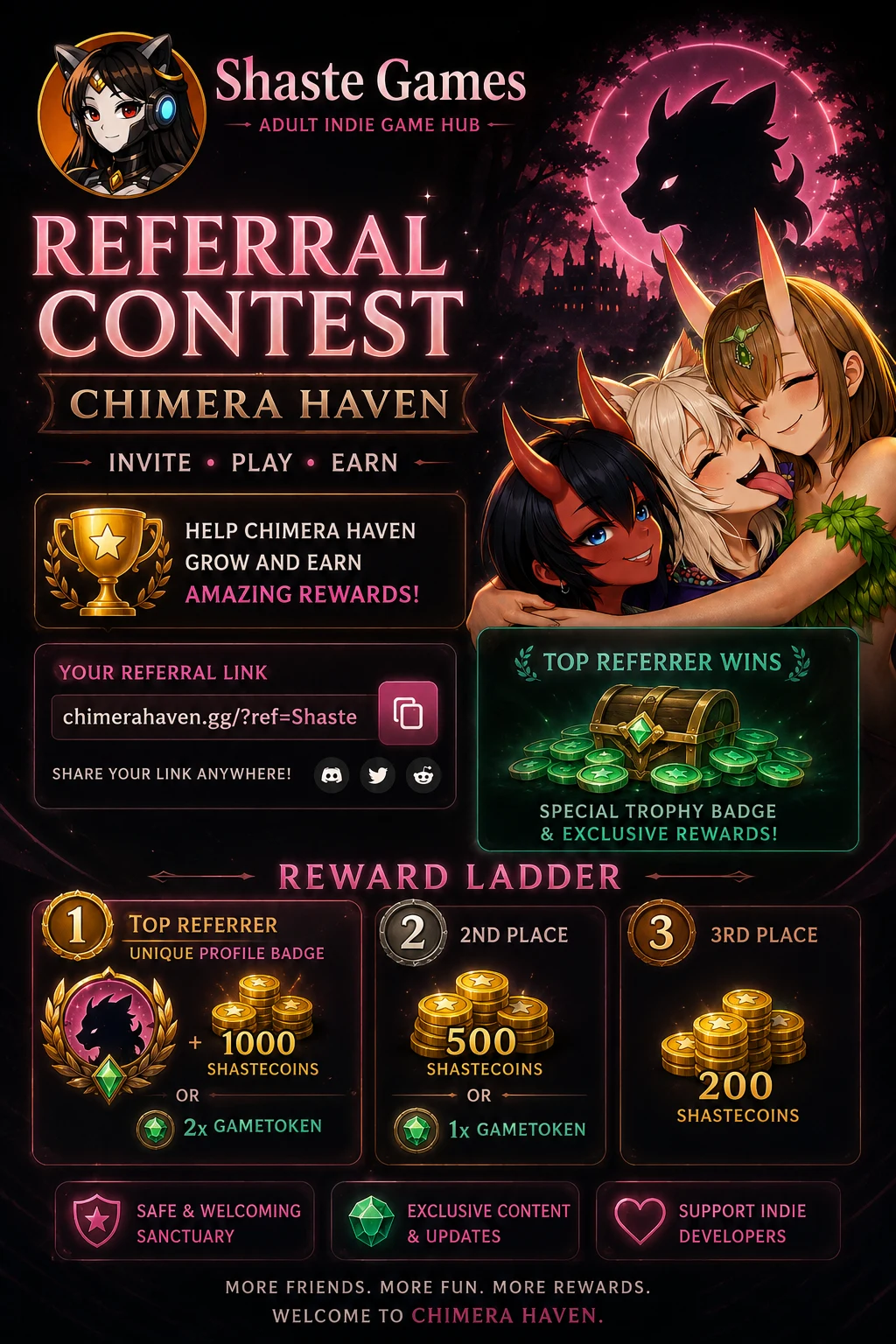 ShasteGames Chimera Haven referral contest poster showing rewards, ShasteCoins, GameTokens and a top referrer badge.