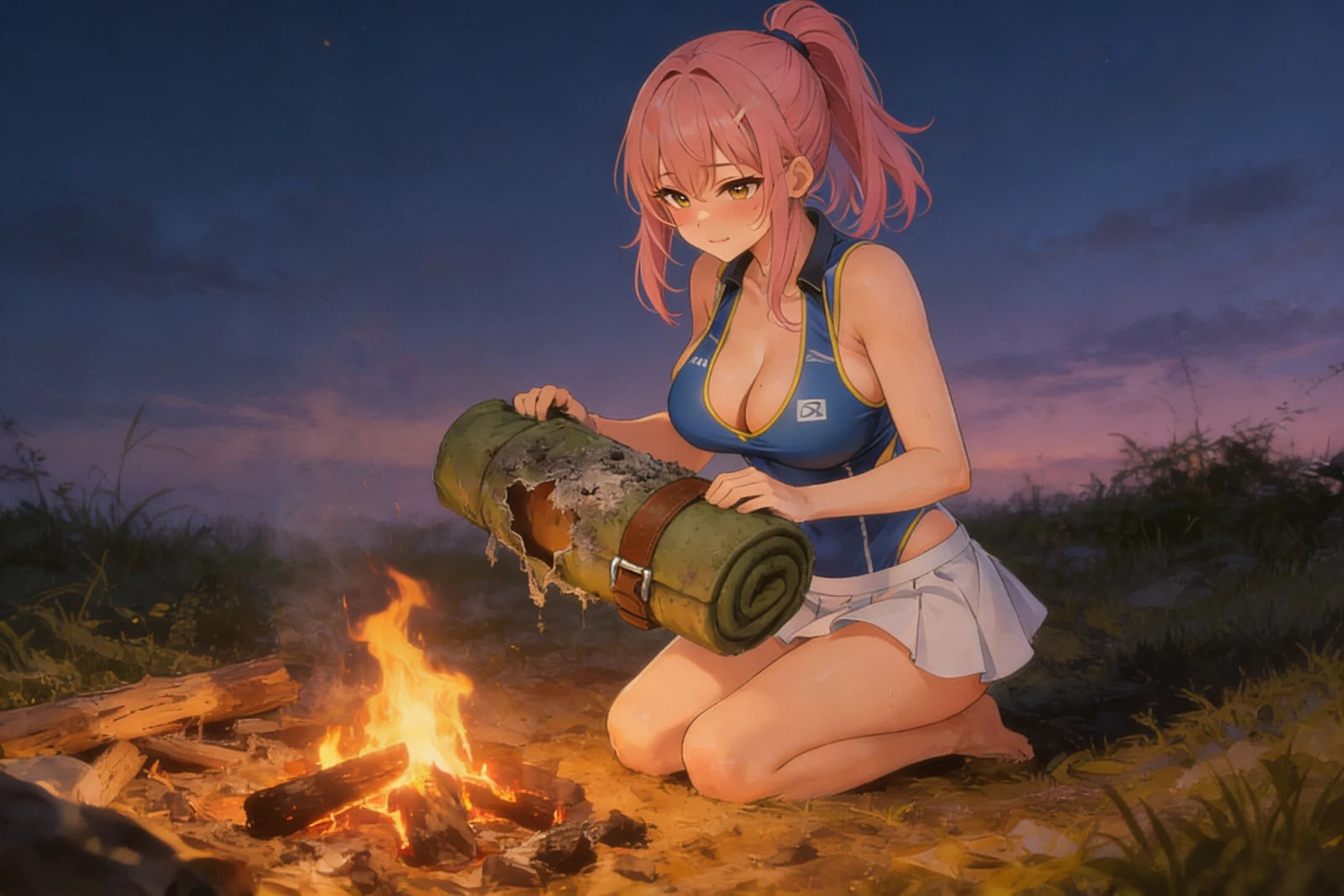 Elyra checks a damaged camping kit near a wilderness campfire.
