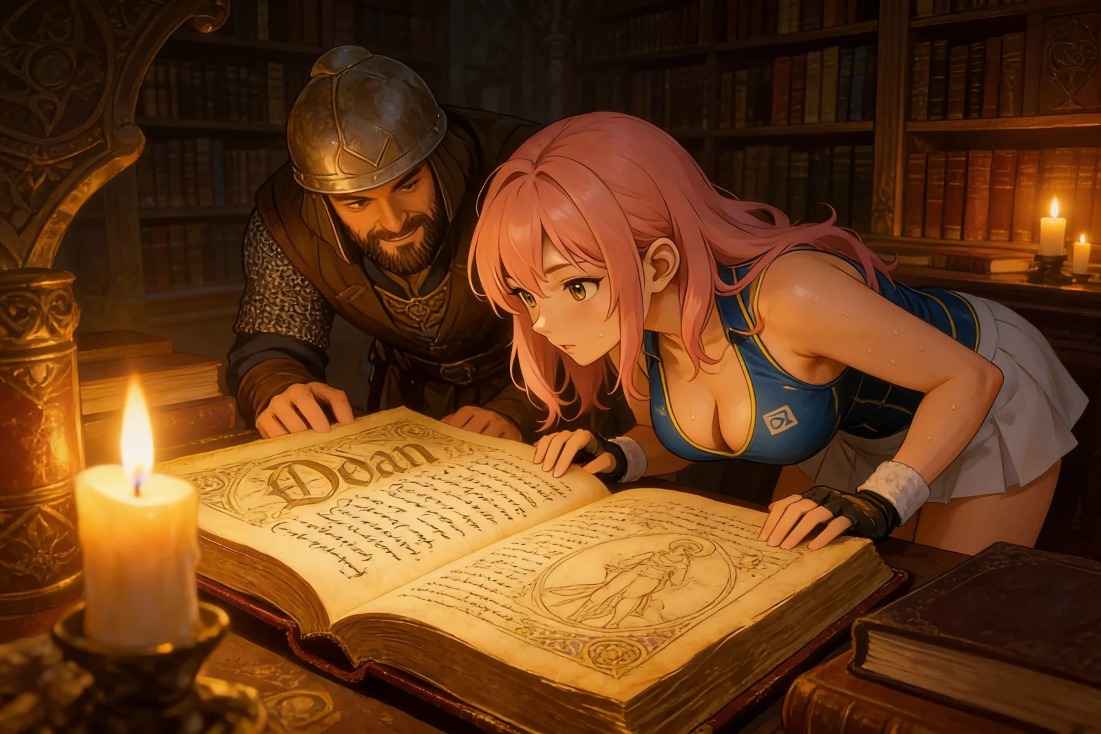 Elyra and Orin study an ancient tome by candlelight in Valmora's library.
