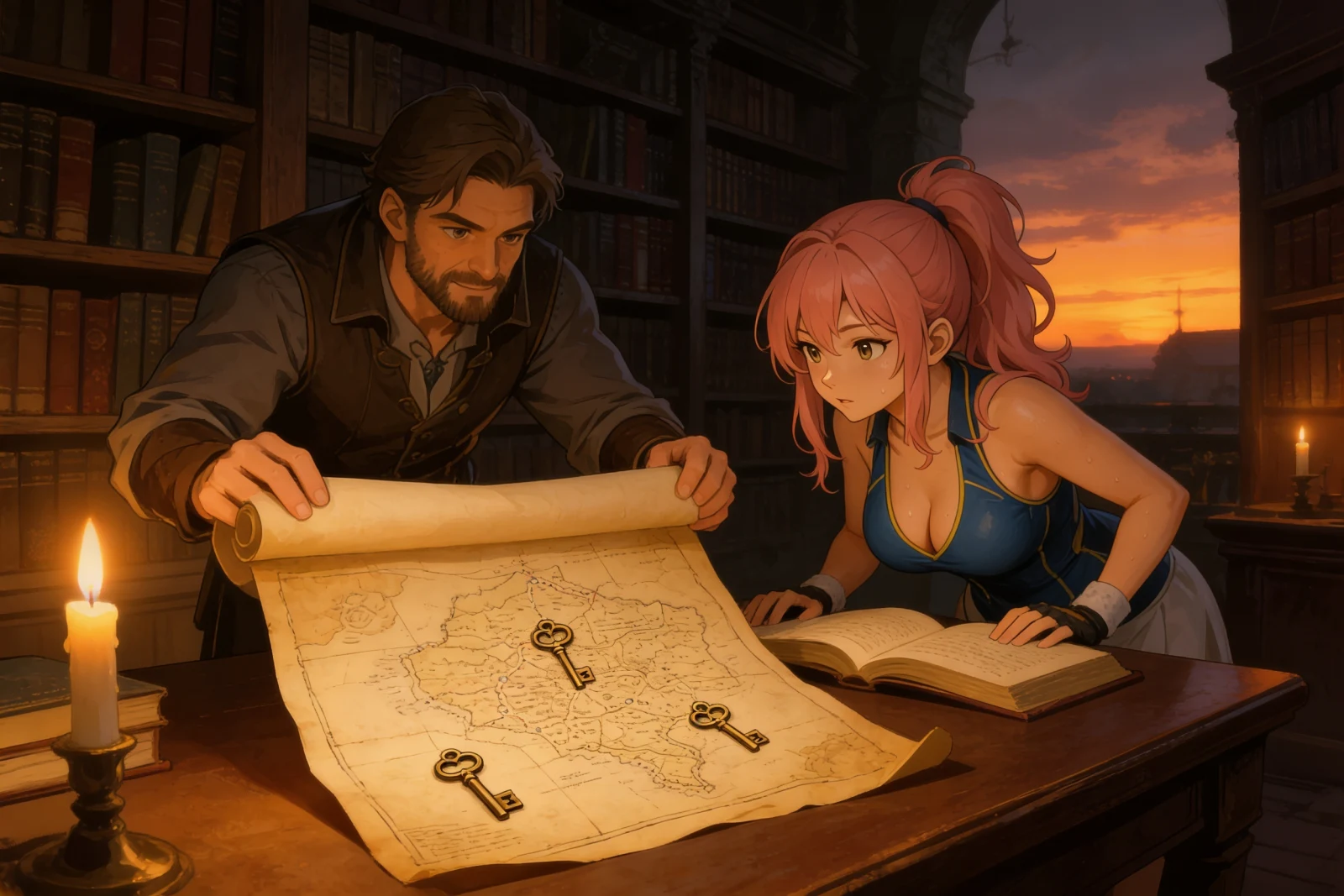 Elyra and Orin examine a candlelit map and old keys in the library.