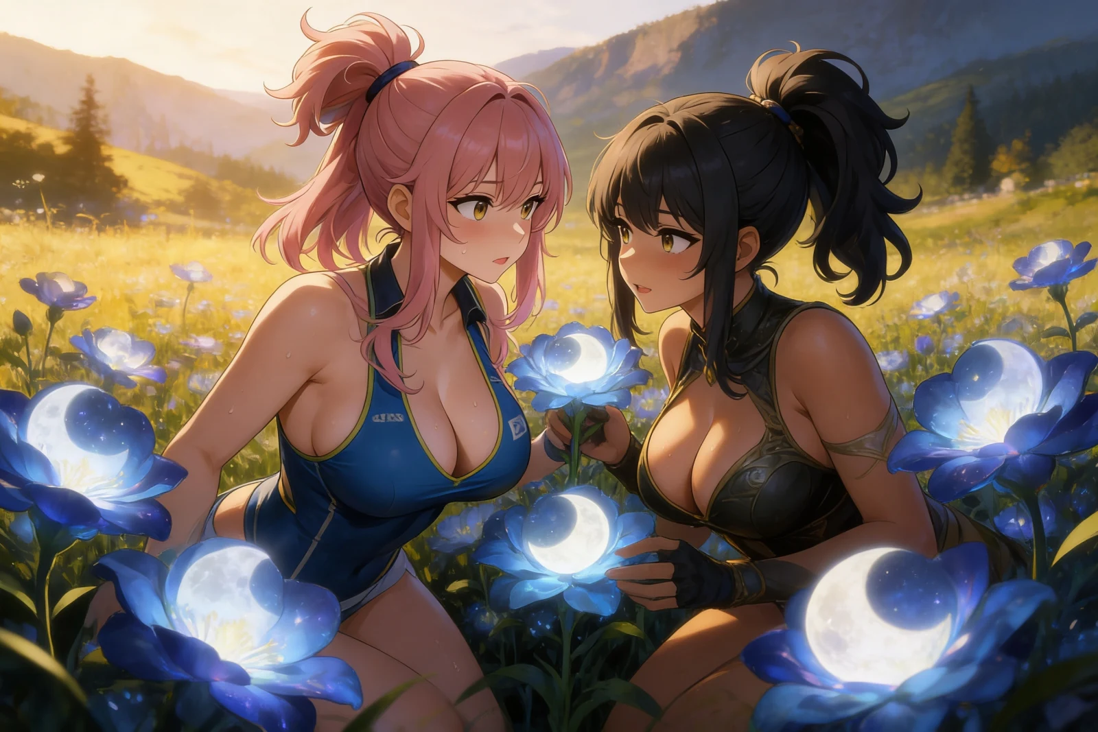 Elyra meets a wilderness herbalist among glowing blue flowers.