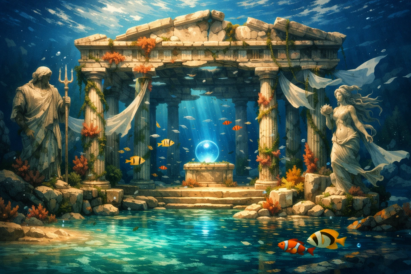 A luminous sunken temple waits under clear blue water, framed by marble ruins and drifting fish.
