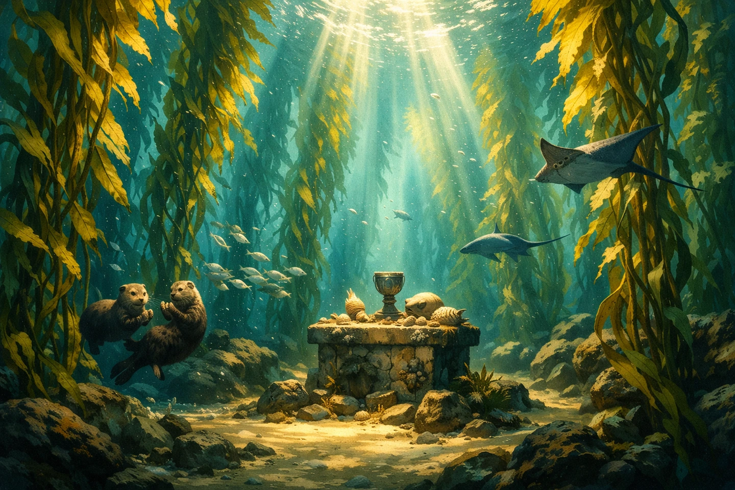 A bright underwater kelp forest surrounds a small altar and drifting sea life.