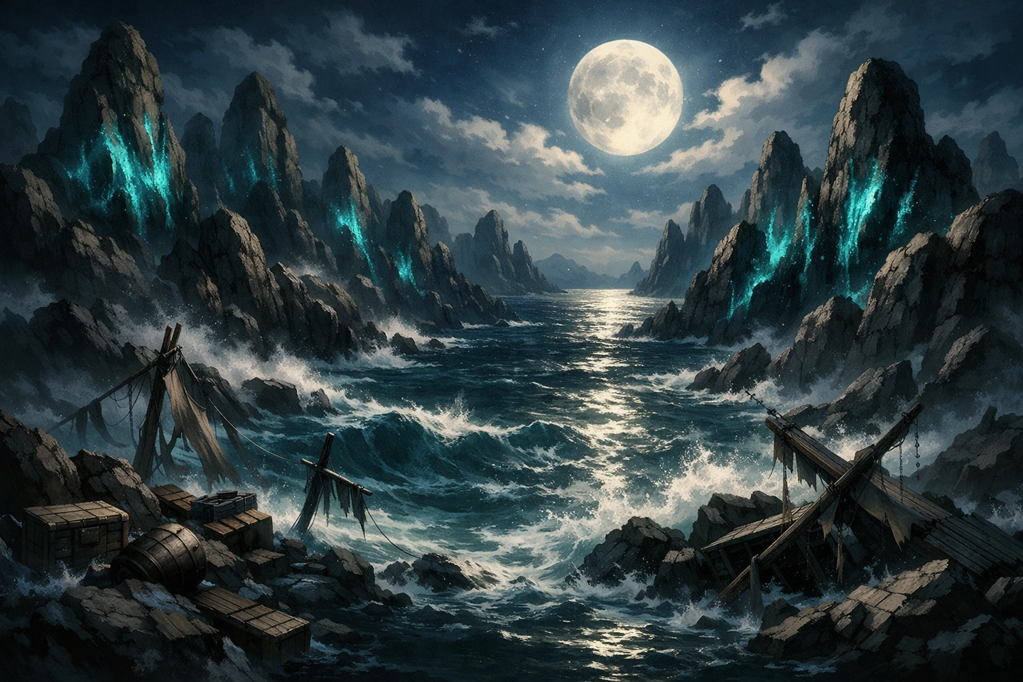 Moonlit black rocks and glowing sea cliffs mark the dangerous route toward Siren Rocks.