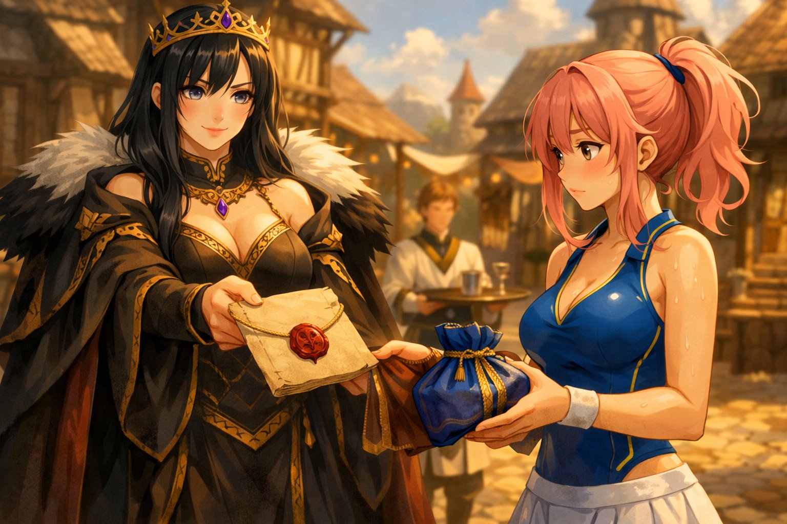 Queen Seraphine offers Elyra a sealed royal commission in Valmora's sunlit street.