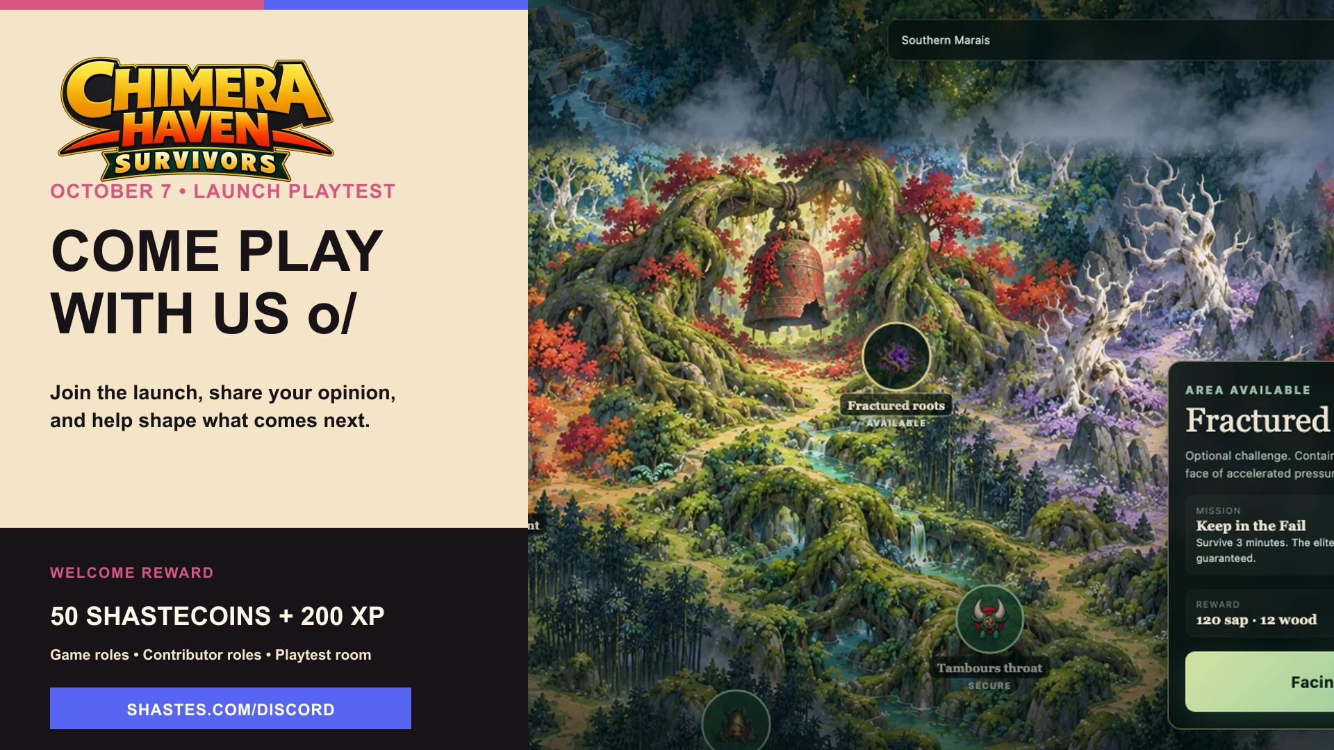 Chimera Haven: Survivors launch invitation featuring the in-game world map, Discord welcome reward and October 7 date.
