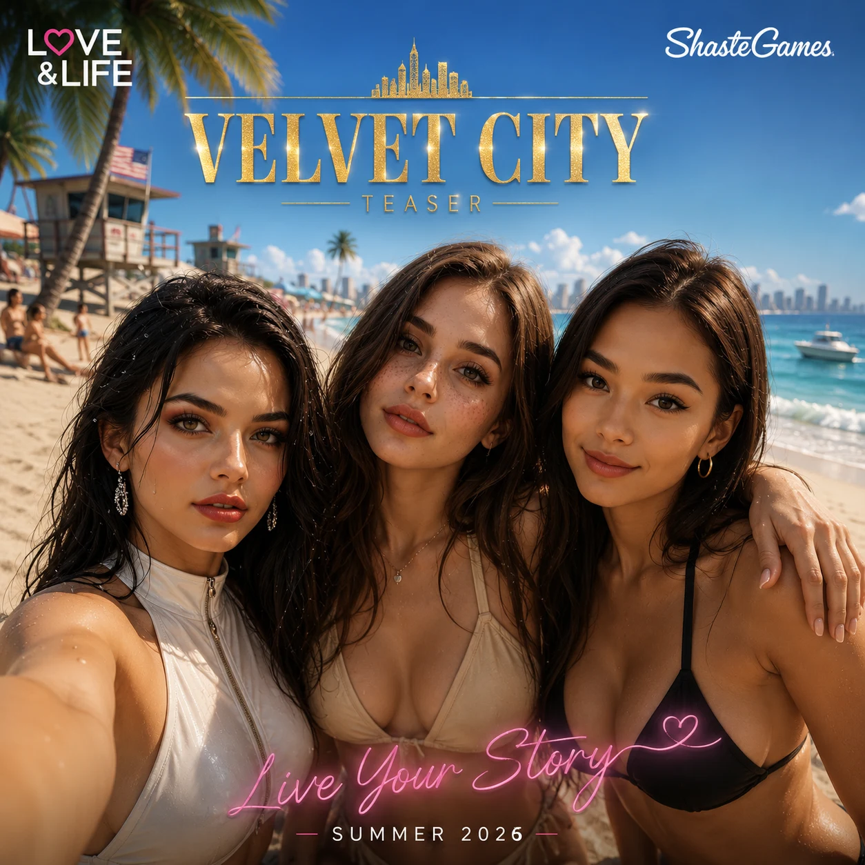 Love&Life v0.1.1 Velvet City beach teaser with Rin, Yuki and Sakura in summer sunlight.