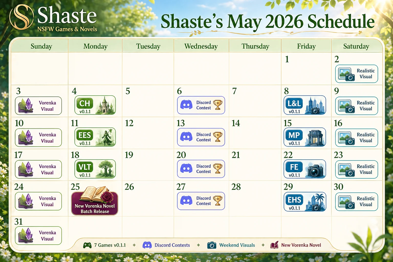Shaste's May 2026 calendar with weekly visuals, Discord contests, game updates and a new Vorenka novel batch.