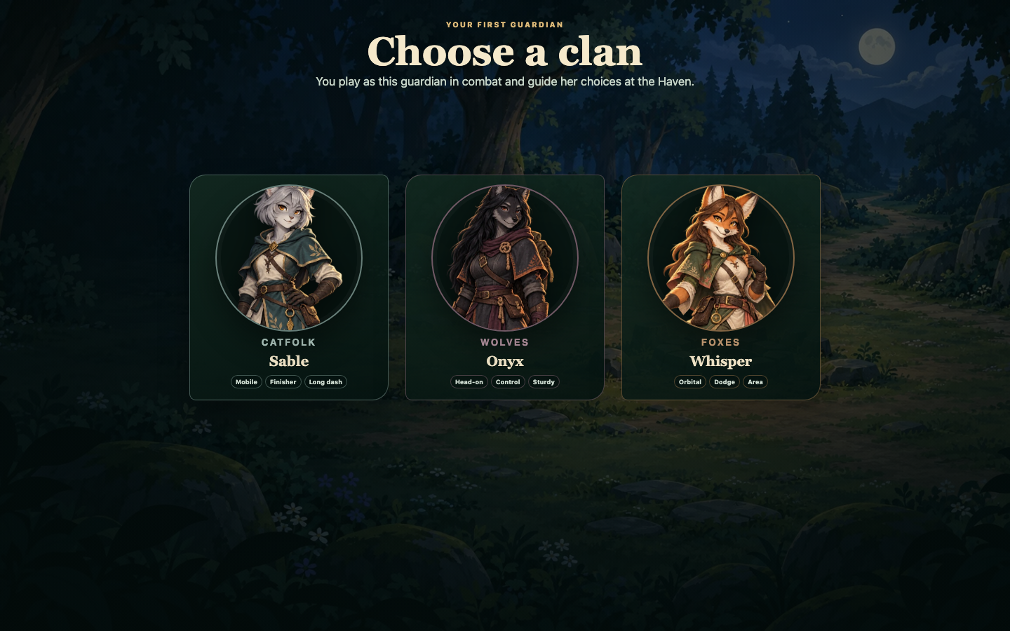 The v1 clan selection in Chimera Haven: Survivors, showing Sable, Onyx and Whisper in the moonlit clearing.